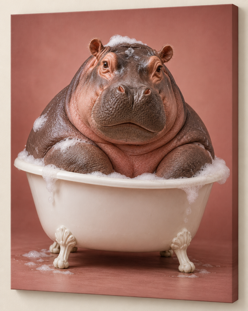 Big Plans, Small Bath: humorous animal artwork on a frameless canvas