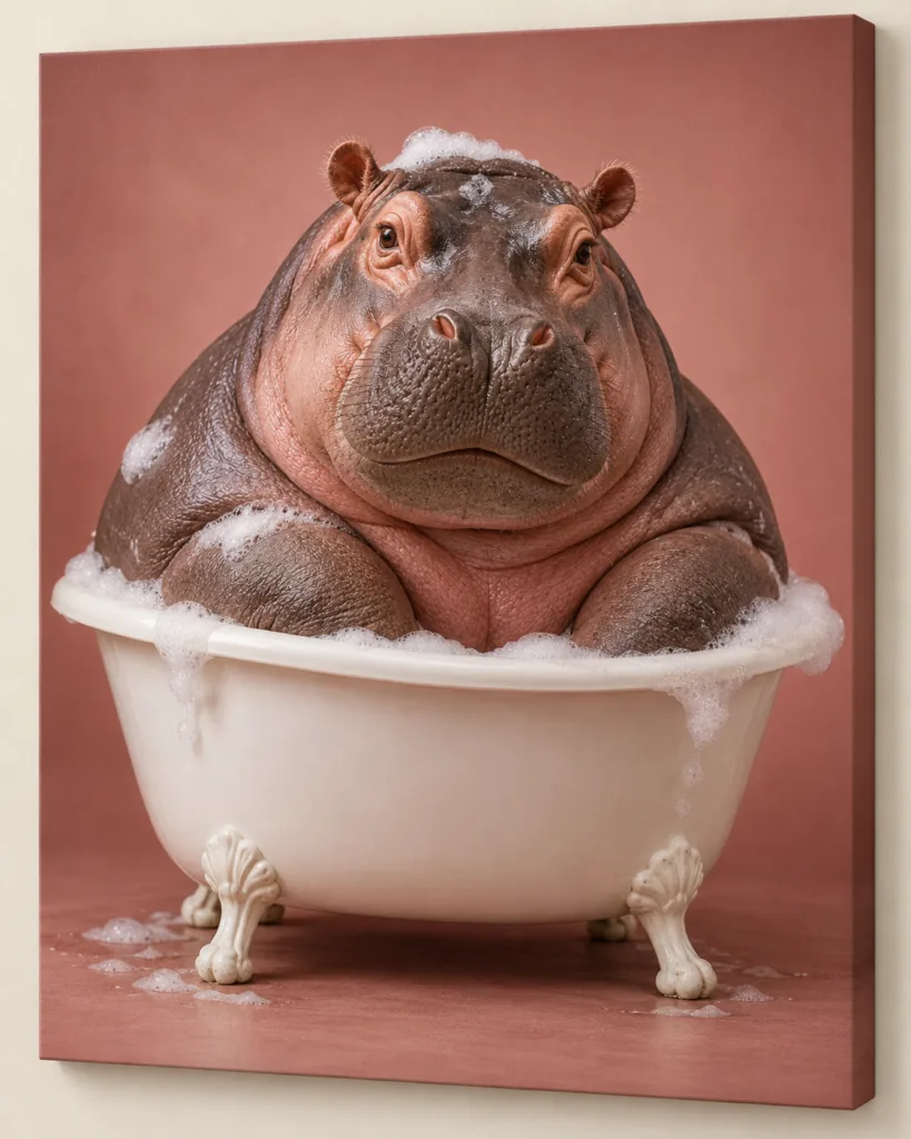 Big Plans, Small Bath: humorous animal artwork on a frameless canvas