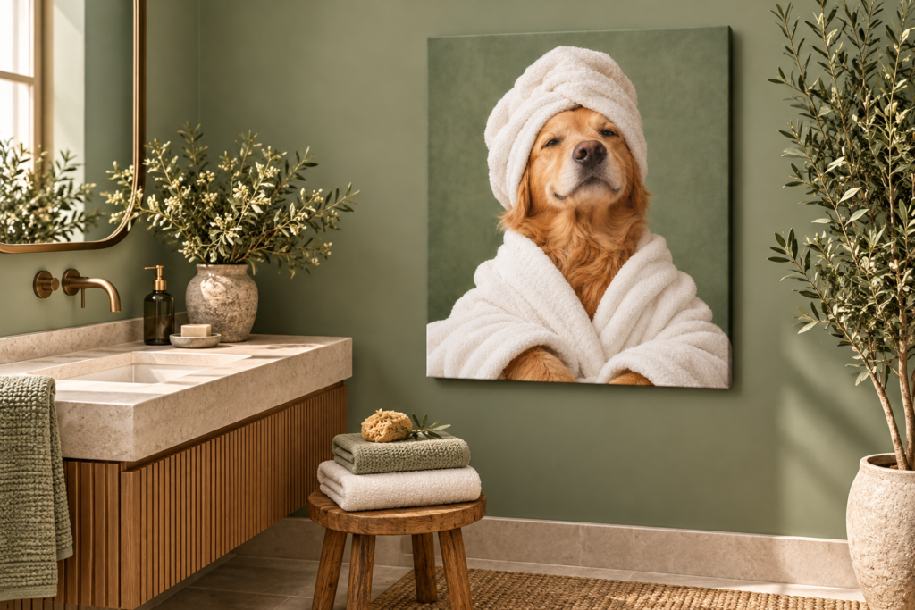 A spa retriever canvas on a dry sage wall in a powder room.