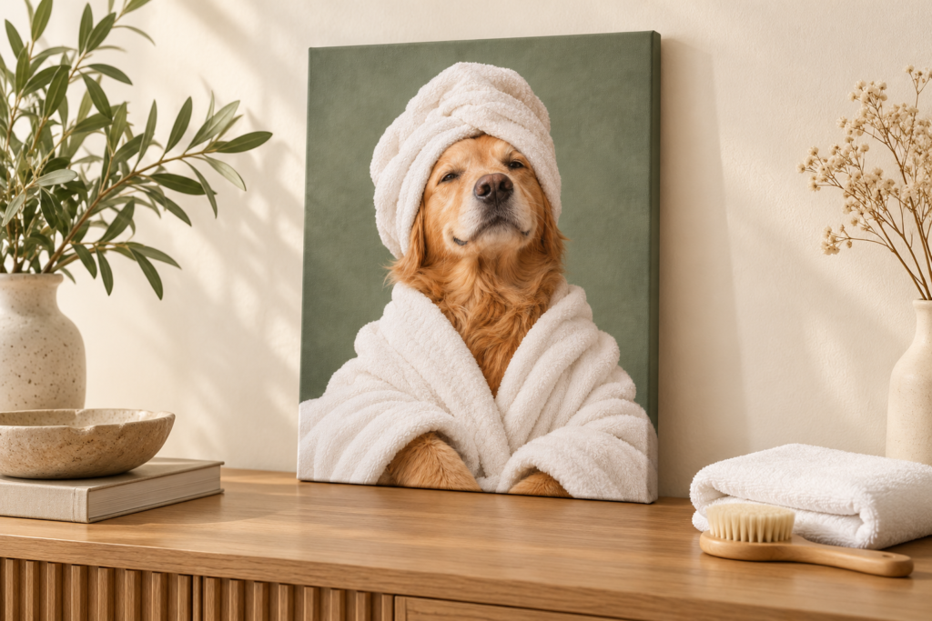 A spa retriever canvas beside a folded dry cloth and a soft brush on an oak console.