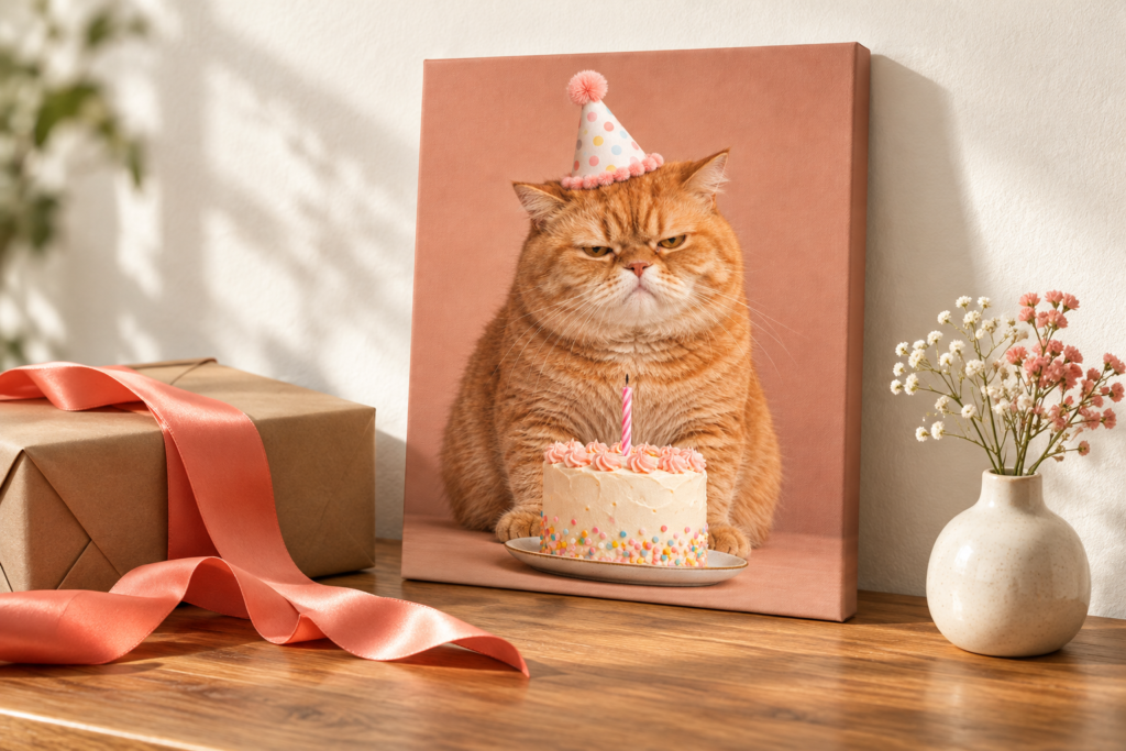 A grumpy birthday-cat canvas with kraft wrapping paper and a coral ribbon.