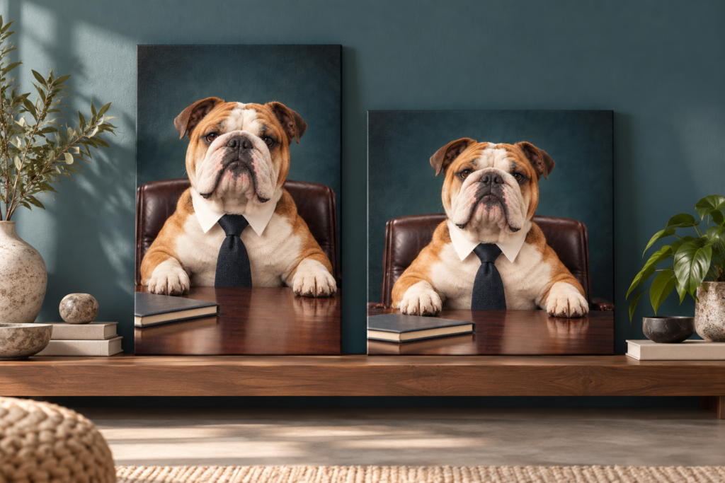 Portrait and square versions of a bulldog canvas displayed on a studio shelf.