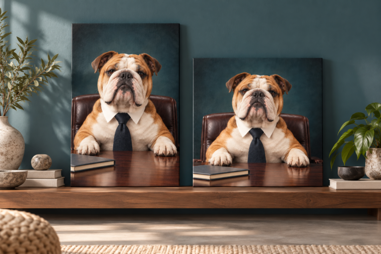 Portrait and square versions of a bulldog canvas displayed on a studio shelf.