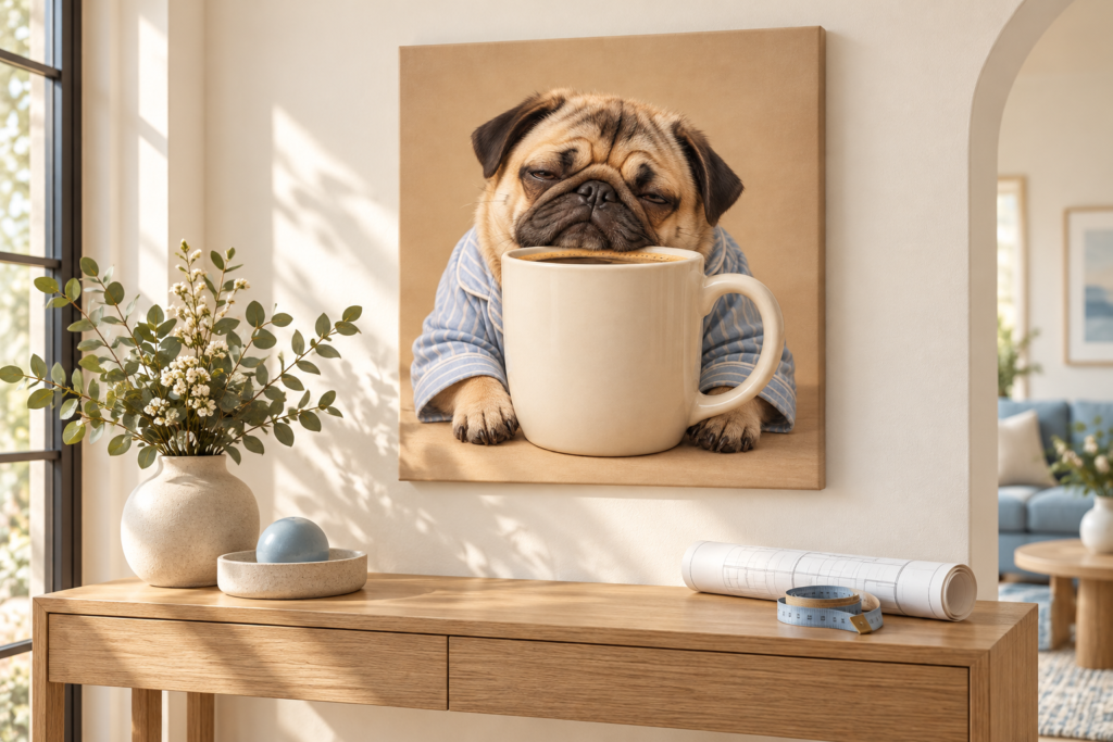 A sleepy pug canvas above an oak console with a measuring tape nearby.