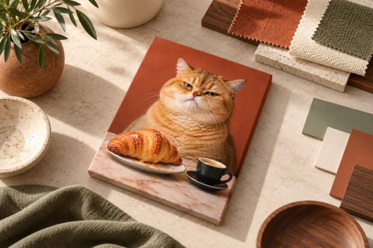 A cat canvas surrounded by terracotta, sage, cream and walnut material swatches.