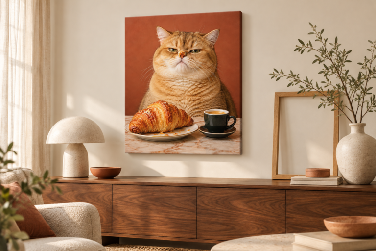 A frameless cat canvas above a walnut sideboard, with an empty oak frame beside it.