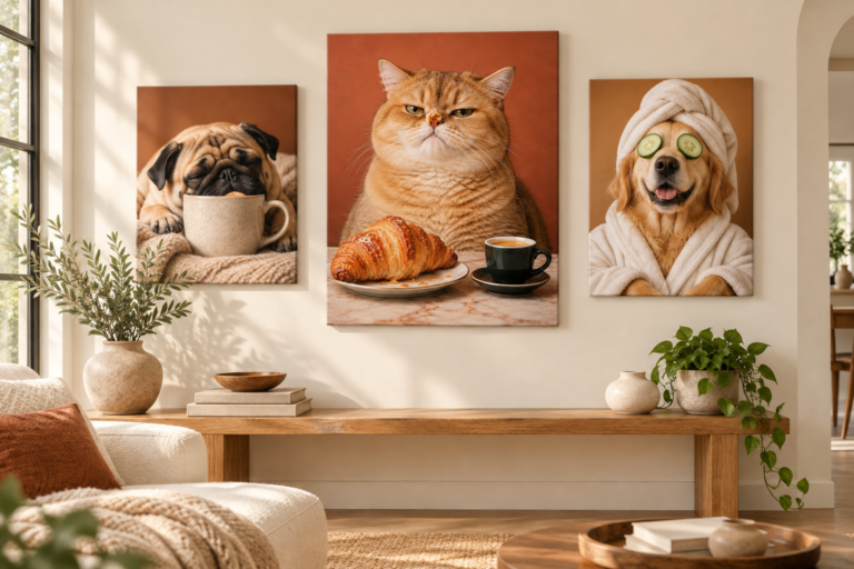 Three humorous animal canvases arranged above an oak bench in a cream living room.