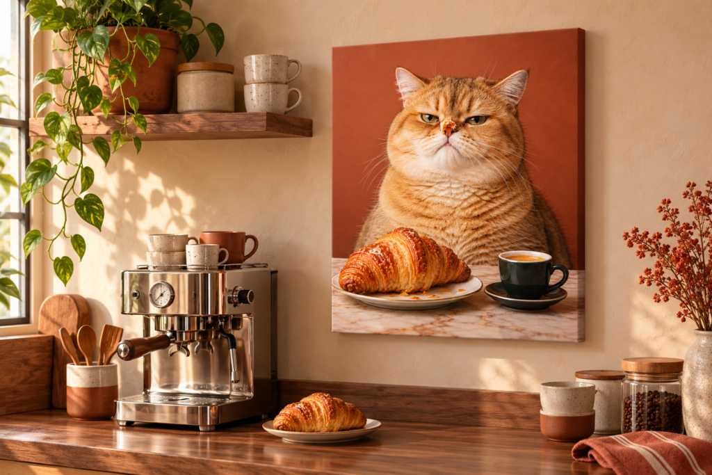 A cat-and-croissant canvas above a home espresso station.