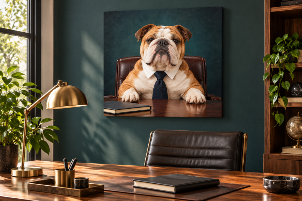 A bulldog-in-a-tie canvas above a tidy wooden home-office desk.