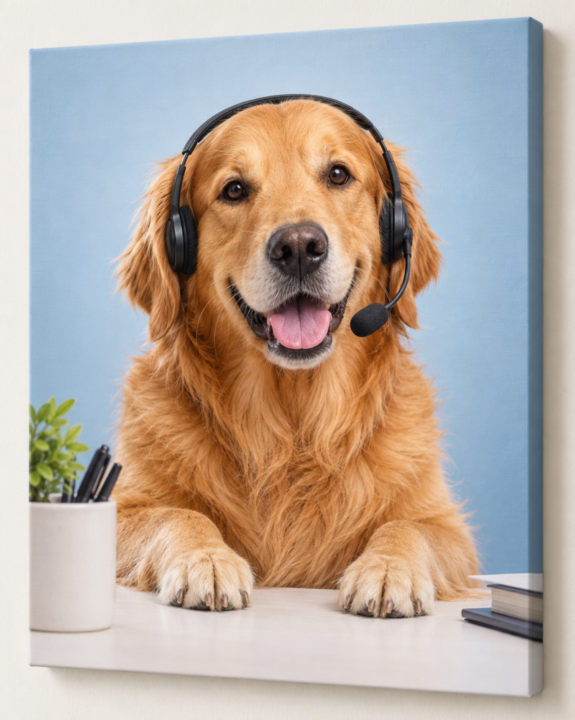 Customer Support: humorous animal artwork on a frameless canvas
