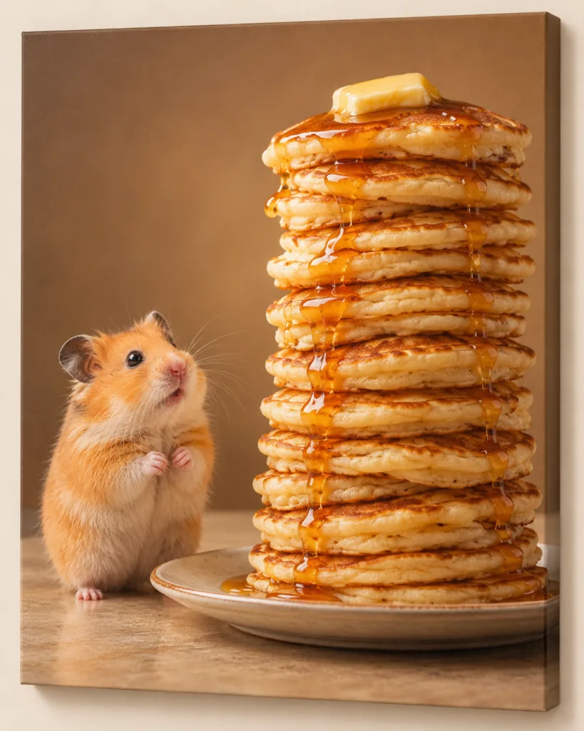 Pancake Mountain: humorous animal artwork on a frameless canvas
