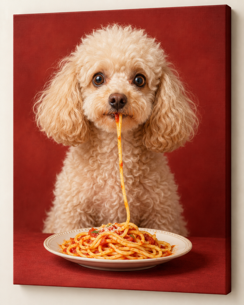 Pasta Drama: humorous animal artwork on a frameless canvas