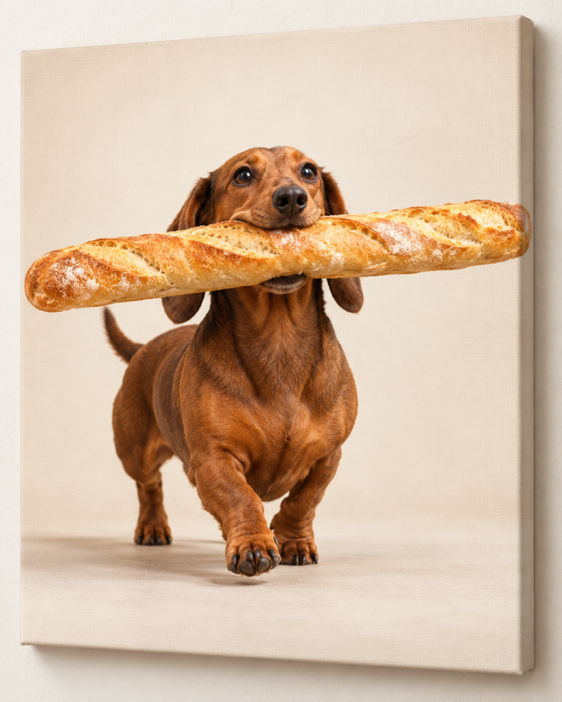 The Baguette Burden: humorous animal artwork on a frameless canvas