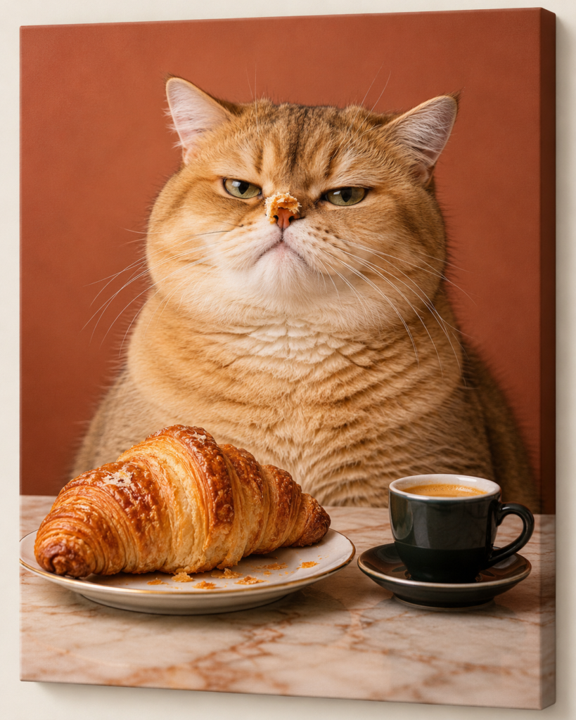 The Croissant Critic: humorous animal artwork on a frameless canvas