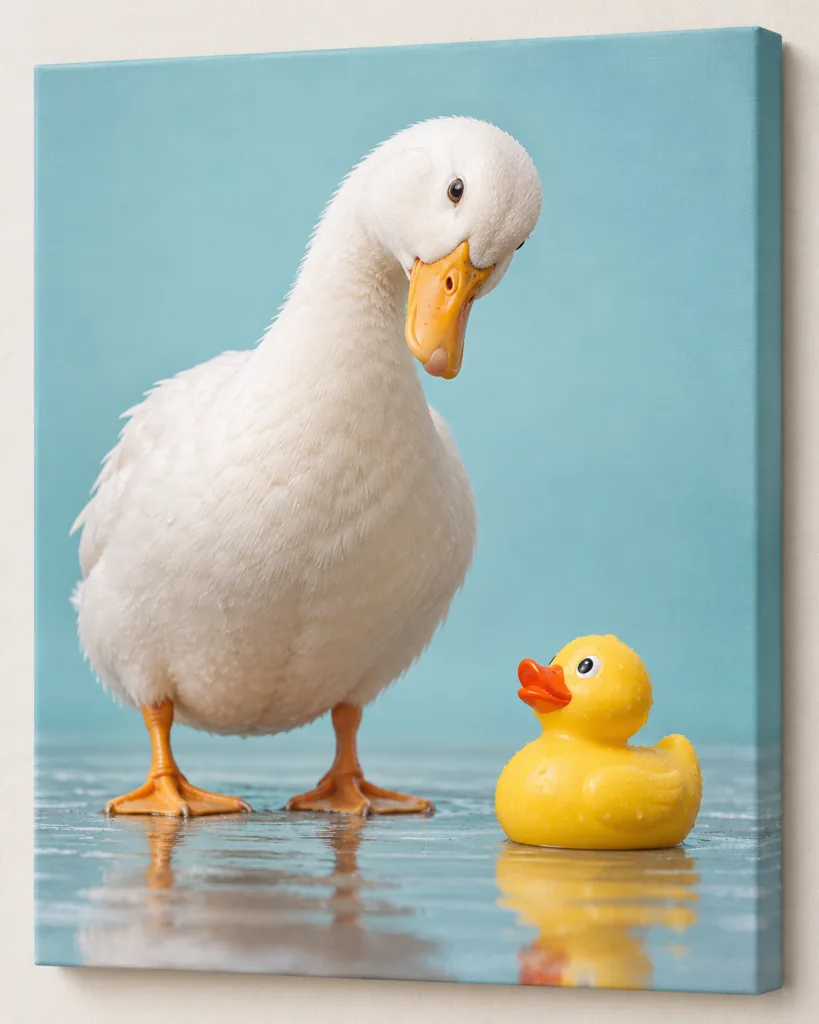 The Duck Dilemma: humorous animal artwork on a frameless canvas